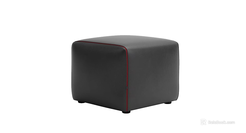 Black Leather Square Ottoman With Red Stitching And Modern Minimalist Design 3d model 