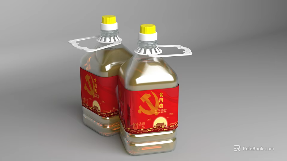 Two Bottles of Cooking Oil with Red Labels Yellow Caps and Transparent Bottles 3d model 