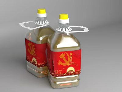 Two Bottles of Cooking Oil with Red Labels Yellow Caps and Transparent Bottles 3d model