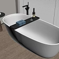 Modern Freestanding Bathtub in Bathroom with Wooden Floor Blinds and Tray Accessories