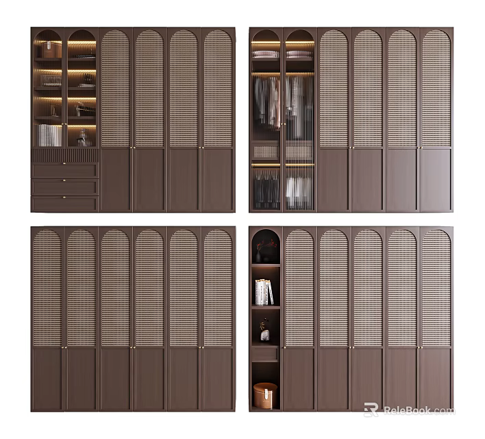 Modern Wooden Wardrobe Design With Louvered Doors Open Storage And Hanging Space 3d model 