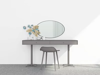 Modern Dressing Table with Oval Mirror Decorative Flowers Drawer and Stool in Minimalist Room 3d model