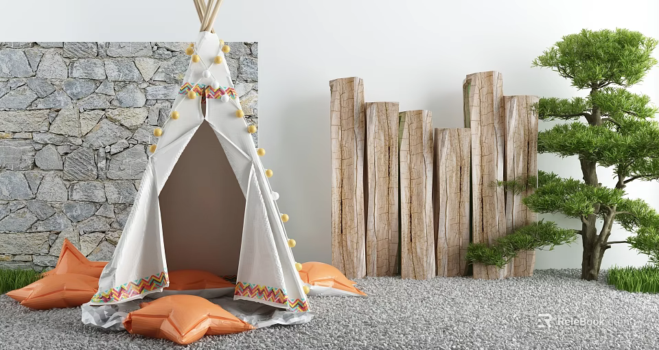 Garden Landscape Featuring White Tepee Stone Wall Wooden Logs Orange Cushions On Gravel Floor 3d model 
