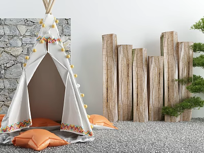 Garden Landscape Featuring White Tepee Stone Wall Wooden Logs Orange Cushions On Gravel Floor 3d model