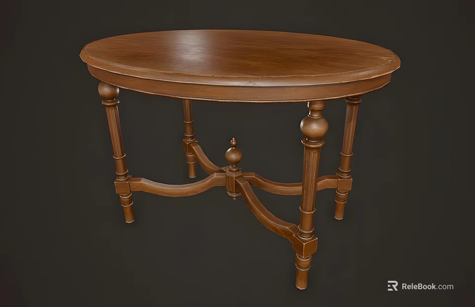 Oval Wooden Desk With Round Legs And Cross Support Structure Design 3d model 