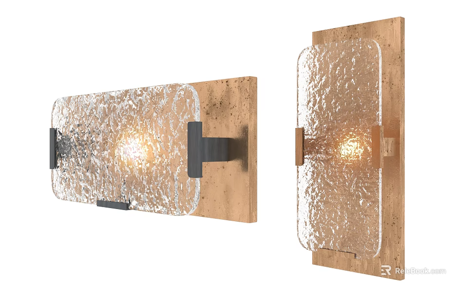 Modern Wall Sconce With Textured Glass Shade And Metal Bracket On Wooden Backplate 3d model 