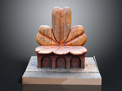 Artistic Leaf Shaped Sculpture Seat With Wooden Texture And Brick Base On Stone Platform 3d model