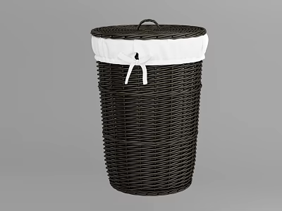 Brown Wicker Storage Basket With White Rim And White Ties Handle Design 3d model