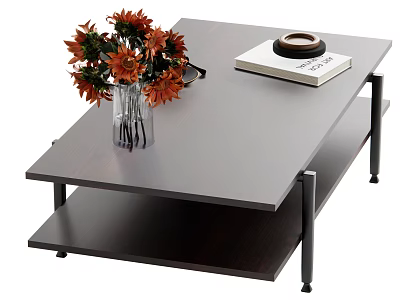 Coffee Table With Gray Top Dark Shelf Vase Orange Flowers Sunglasses Book And Black Ring 3d model