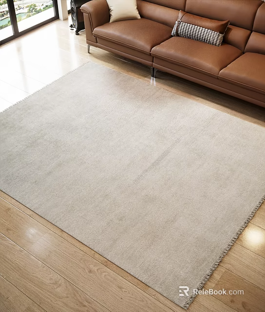 Light Beige Square Rug with Soft Texture on Wooden Floor by Brown Sofa 3d model 