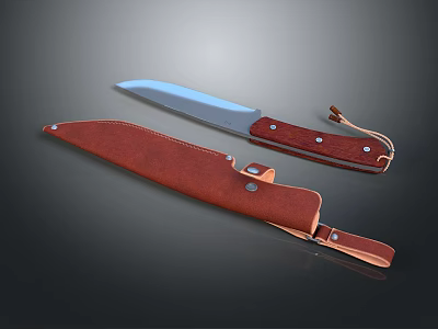 Tactical Weapon Knife with Sharp Metal Blade Wooden Handle and Leather Sheath 3d model