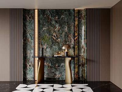 Elegant Entryway Hallway With Marble Wall Striped Panels Console Table And Geometric Rug 3d model