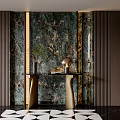 Elegant Entryway Hallway With Marble Wall Striped Panels Console Table And Geometric Rug