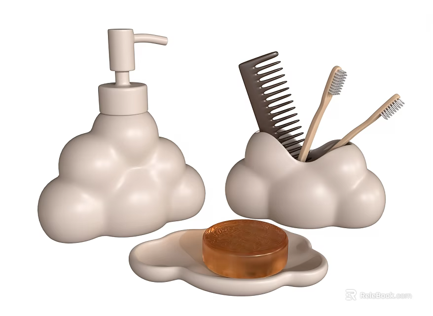 Cloud Shaped Bathroom Accessories With Soap Dispenser Storage Holder Comb Toothbrush And Soap Dish 3d model 