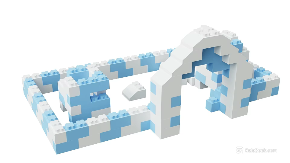Blue And White Building Blocks Creative Construction With Arch And Fence Structures 3d model 