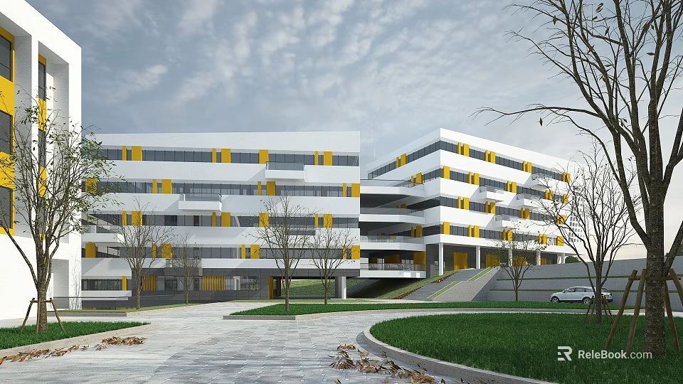 Modern School Building White and Yellow Multi Storey Design Large Windows Trees Lawn Pathway 3d model 