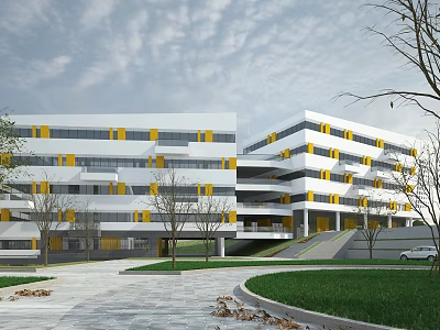 Modern School Building White and Yellow Multi Storey Design Large Windows Trees Lawn Pathway 3d model