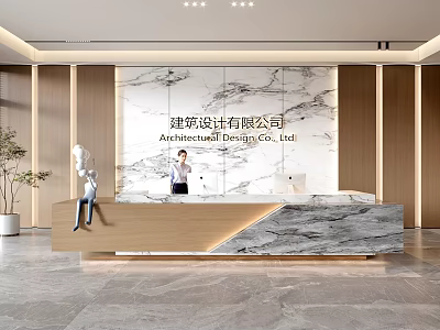 Elegant Modern Reception Area Featuring Marble Background Wall Wooden Desk And Receptionist 3d model