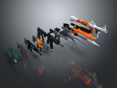 Modern Weapons Collection Featuring Assault Rifles Rocket Launchers and Colorful Designs 3d model