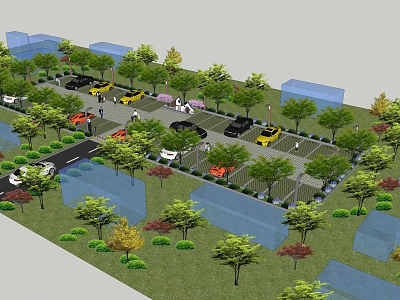 Parking Lot Design With Green Trees Parked Vehicles And Organized Parking Spaces 3d model