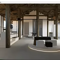 Elegant Clothing Store Interior Design With Wooden Beams Open Space Sofa And Pendant Lights