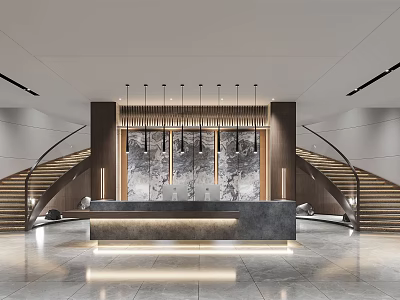 Modern Reception Interior With Staircases Elegant Desk Pendant Lights And Decorative Wall Art 3d model