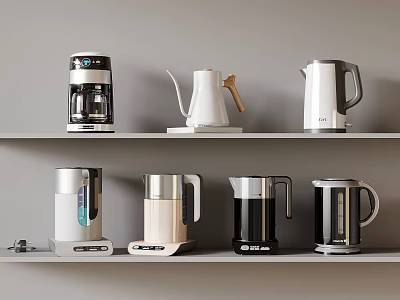 Modern Kitchen Appliances Display On Shelf With Various Designs And Styles 3d model