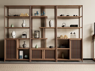 Traditional Wooden Chinese Display Shelf With Multiple Shelves Vases Teapots And Decorative Items 3d model
