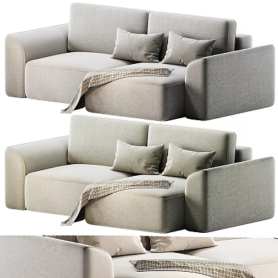Light Gray Two-Seater Sofa With Soft Cushions And Plaid Throw Blanket 3d model