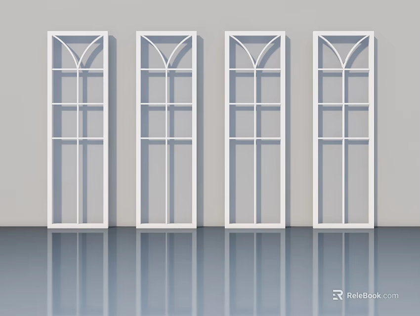 Four White Modern Casement Doors With Glass Grid Panels In Interior Design 3d model 