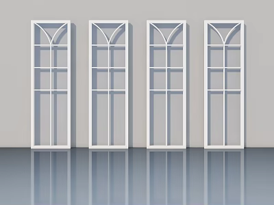 Four White Modern Casement Doors With Glass Grid Panels In Interior Design 3d model