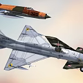 Three Different Colored Fighter Jets Flying in Sunset Sky with White Orange Camouflage