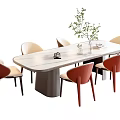 Rectangular Dining Table Set With Six Red Beige Chairs Silver Legs And Green Plant 3d model