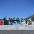 Futuristic Modern Building Exterior Design With Blue Illuminated Lines And Large Screen Greenery