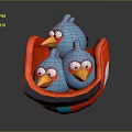 Three Blue Bird Dolls in Red and Blue Nest with Big Eyes Yellow Beaks