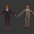 Two Men in Dark Blue and Gray Suits with Arms Outstretched Against White Background