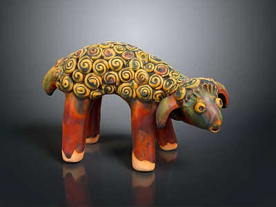 Detailed Artistic Sheep Sculpture With Colorful Spiral Patterns And Red Legs 3d model