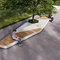 Modern Landscape Seats With Wooden Panels And Green Trees In Park Where People Relax