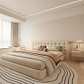 Modern Bedroom Interior Design With Beige Bed Pillows Nightstands Table Lamps And Black White Striped Rug