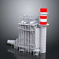 Industrial Equipment Installation With Complex Piping Structural Framework And Red White Striped Tower