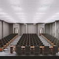 Conference Room with Staircase Style Seating Multiple Rows Podium Large Windows Gray Walls White Ceiling 3d model