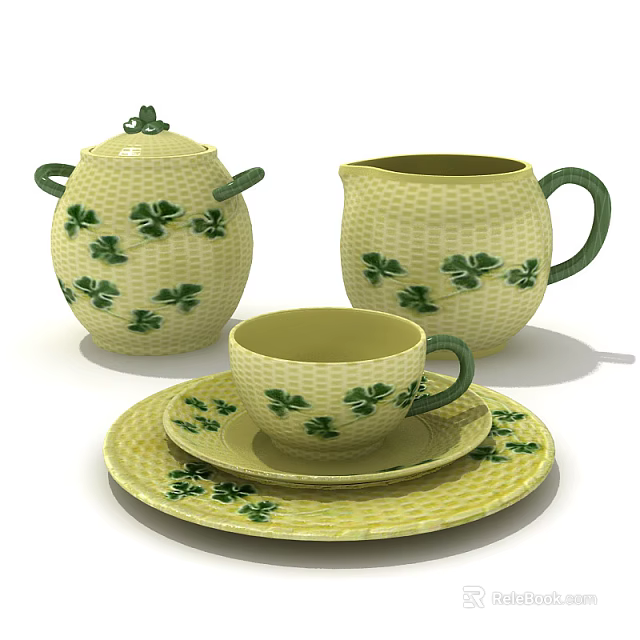Elegant Yellow Ceramic Tableware Set With Green Clover Pattern And Matching Pieces 3d model