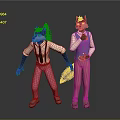 Two Wolf Characters Wearing Pink Striped Pants White Shirts Blue Vests Black Gloves With Tails