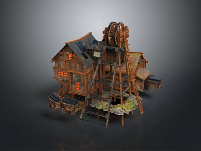 Wooden Cottage Building With Windmill Structure Multiple Windows Dark Roof And Connected Platforms Stairs 3d model