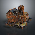 Wooden Cottage Building With Windmill Structure Multiple Windows Dark Roof And Connected Platforms Stairs