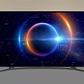 Sleek Modern TV With Vibrant Cosmic Display And Colorful Rings On Silver Stand