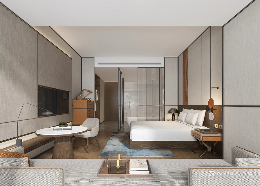Modern Minimalist Hotel Guest Room Interior With King Bed Sofa TV Table And Area Rug 3d model 