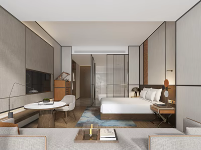 Modern Minimalist Hotel Guest Room Interior With King Bed Sofa TV Table And Area Rug 3d model