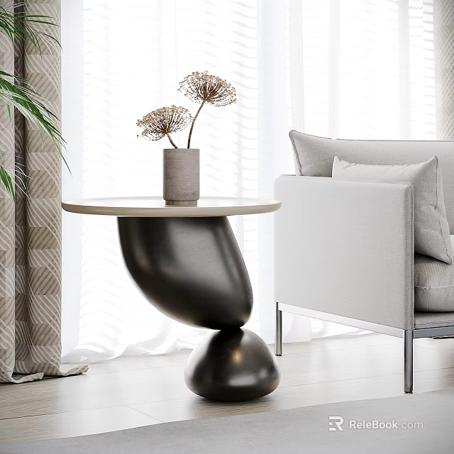 Modern Sculptural Side Table With Wooden Top Black Base By Light Colored Sofa 3d model 