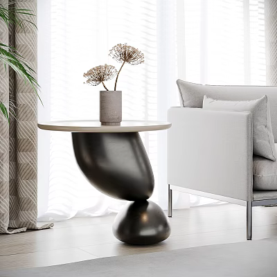 Modern Sculptural Side Table With Wooden Top Black Base By Light Colored Sofa 3d model